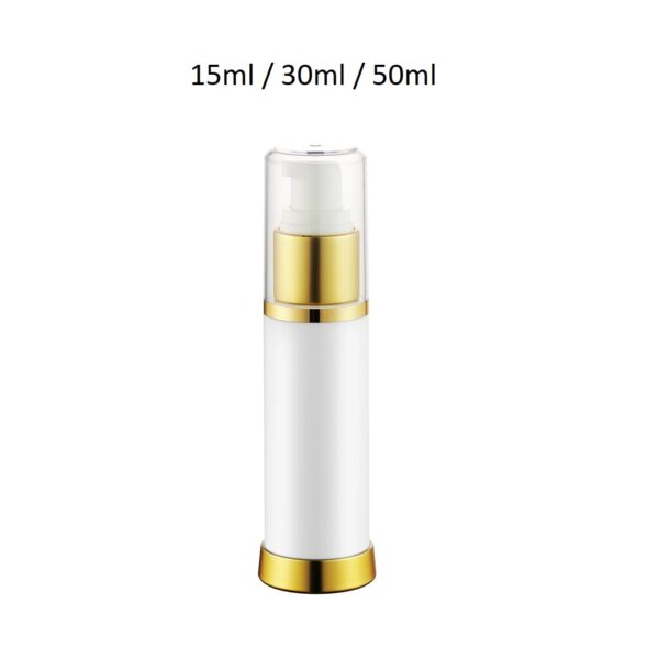 Envase airless ARF con cuerpo transparente, disponible en diversas combinaciones de colores y acabados metalizados en el collar