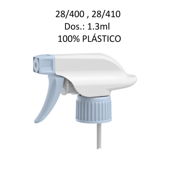 Pulverizador de gatillo 100% plástico para envases con rosca 28/400 y 28/410 con dosificación 1,3 ml