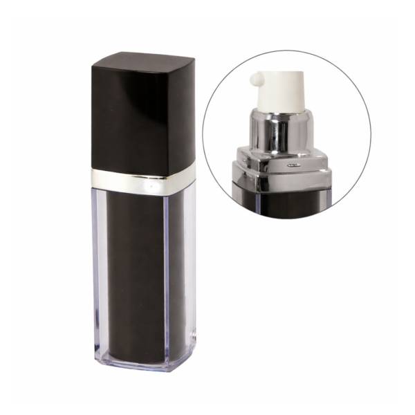 Envase Airless Serie H de 15ml en color negro y plata con dosificador