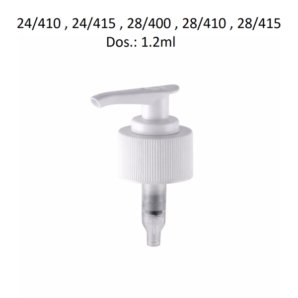 Pulsador dosificador modelo FL38 con acabado profesional para envases con muchos tipos de rosca