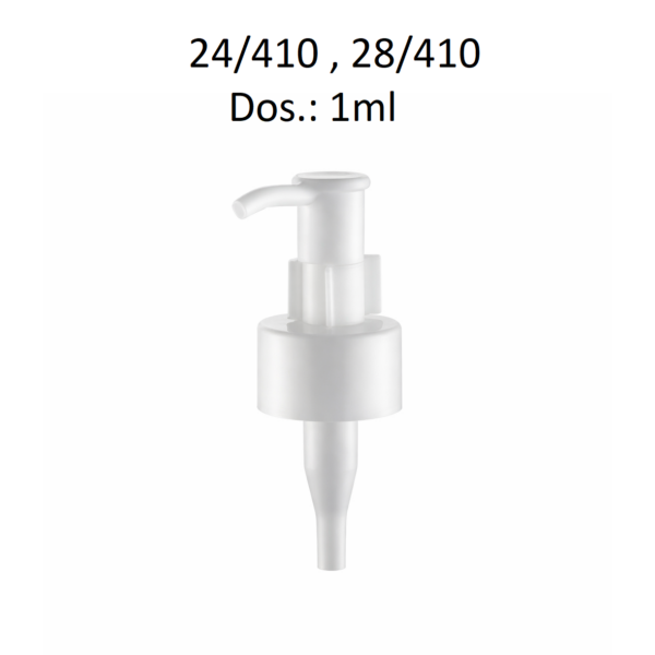 Bomba dosificadora modelo FL84 con acabado blanco para envases de rosca 24/410 y 28/410