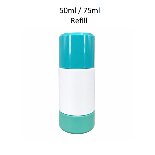 Envase roll-on recargable refill disponible en 50 ml y 75 ml con diseño reutilizable