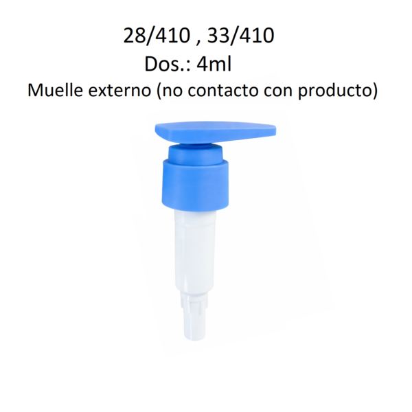 Dosificador para jabón y productos cosméticos con rosca 28/410 y 33/410 y dosificación de 4 ml