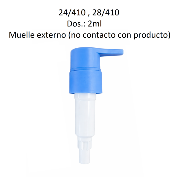 Dosificador para jabón líquido y productos cosméticos con rosca 24/410 y 28/410 y dosificación de 2 ml con muelle externo