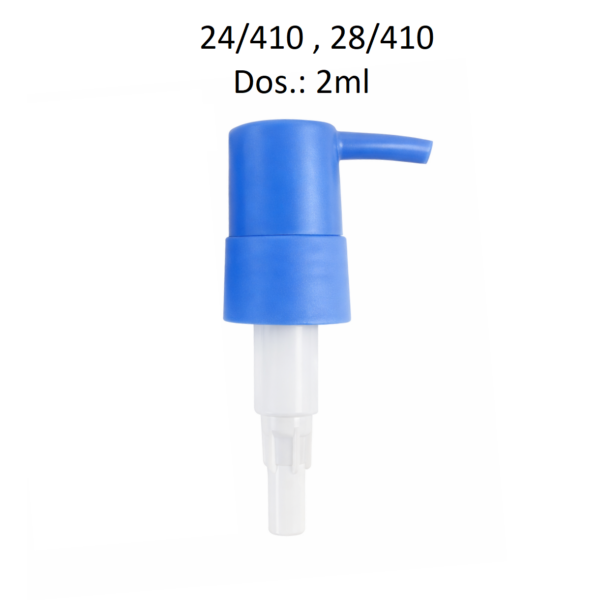 Dosificador para jabón líquido y productos cosméticos con rosca 24/410 y 28/410 y dosificación de 2 ml