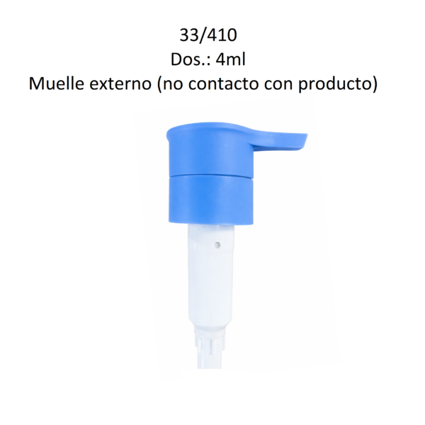 Dosificador para jabón líquido y productos cosméticos con rosca 33/410 y dosificación de 4 ml con muelle externo