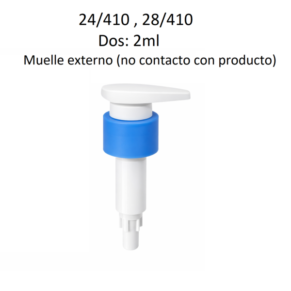 Dosificador para jabón líquido y productos cosméticos con rosca 24/410 y 28/410 y dosificación de 2 ml con muelle externo
