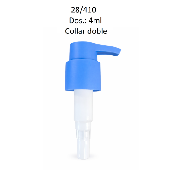 Dosificador para jabón líquido y productos cosméticos con rosca 28/410 y dosificación de 4 ml con sistema de collar doble