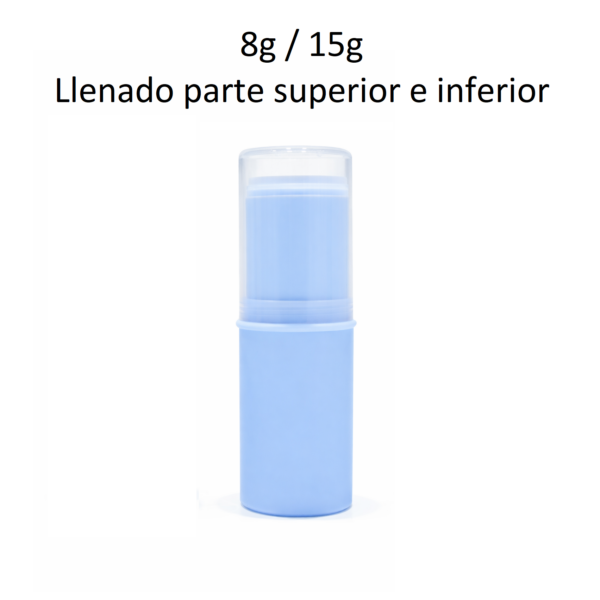Envase stick 8 g y 15 g para cosmética sólida con llenado superior e inferior