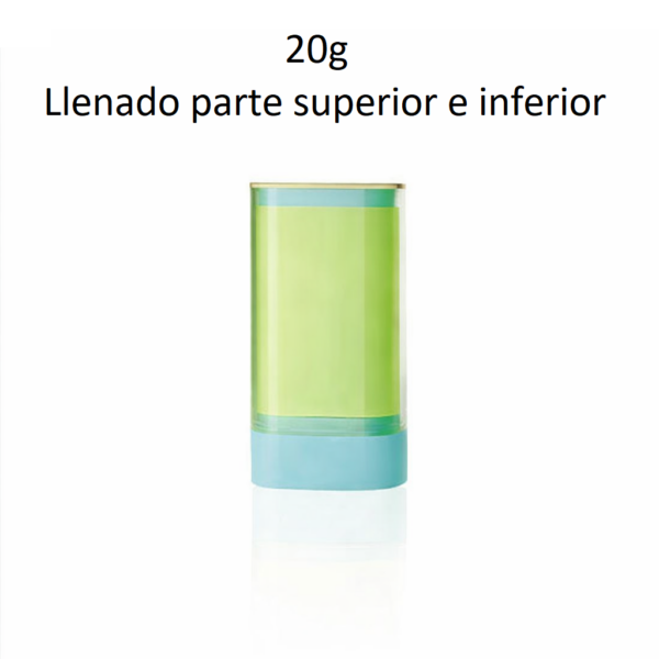 Envase stick 20 g con sistema de llenado superior e inferior para desodorante sólido
